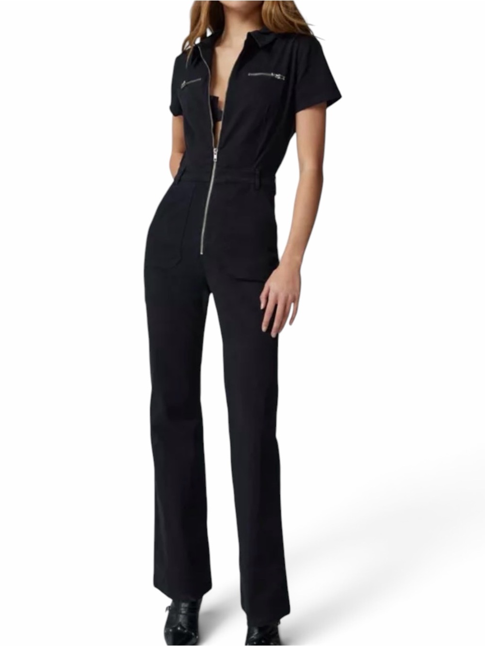 Pistola Martina Short Sleeve Black Zip Up Flare Jumpsuit